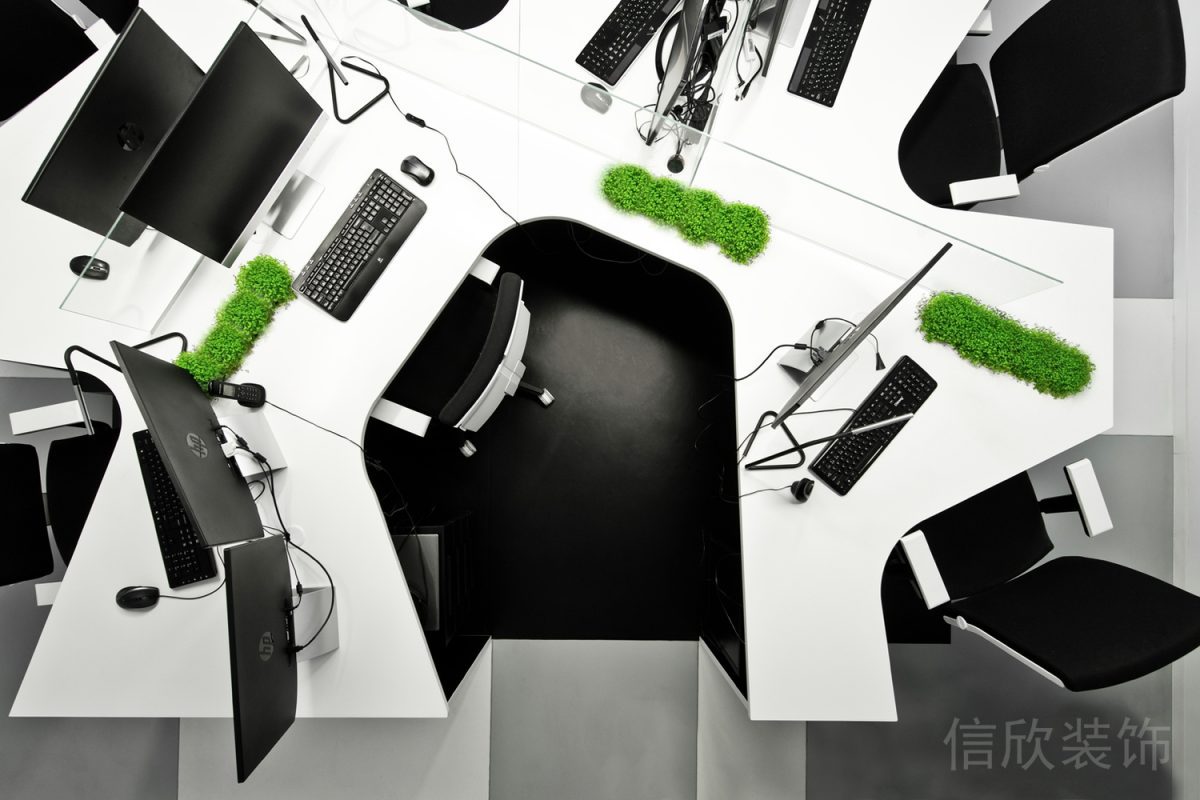 工作桌設(shè)計(jì)黑白色調(diào)效果圖弧線多人工位