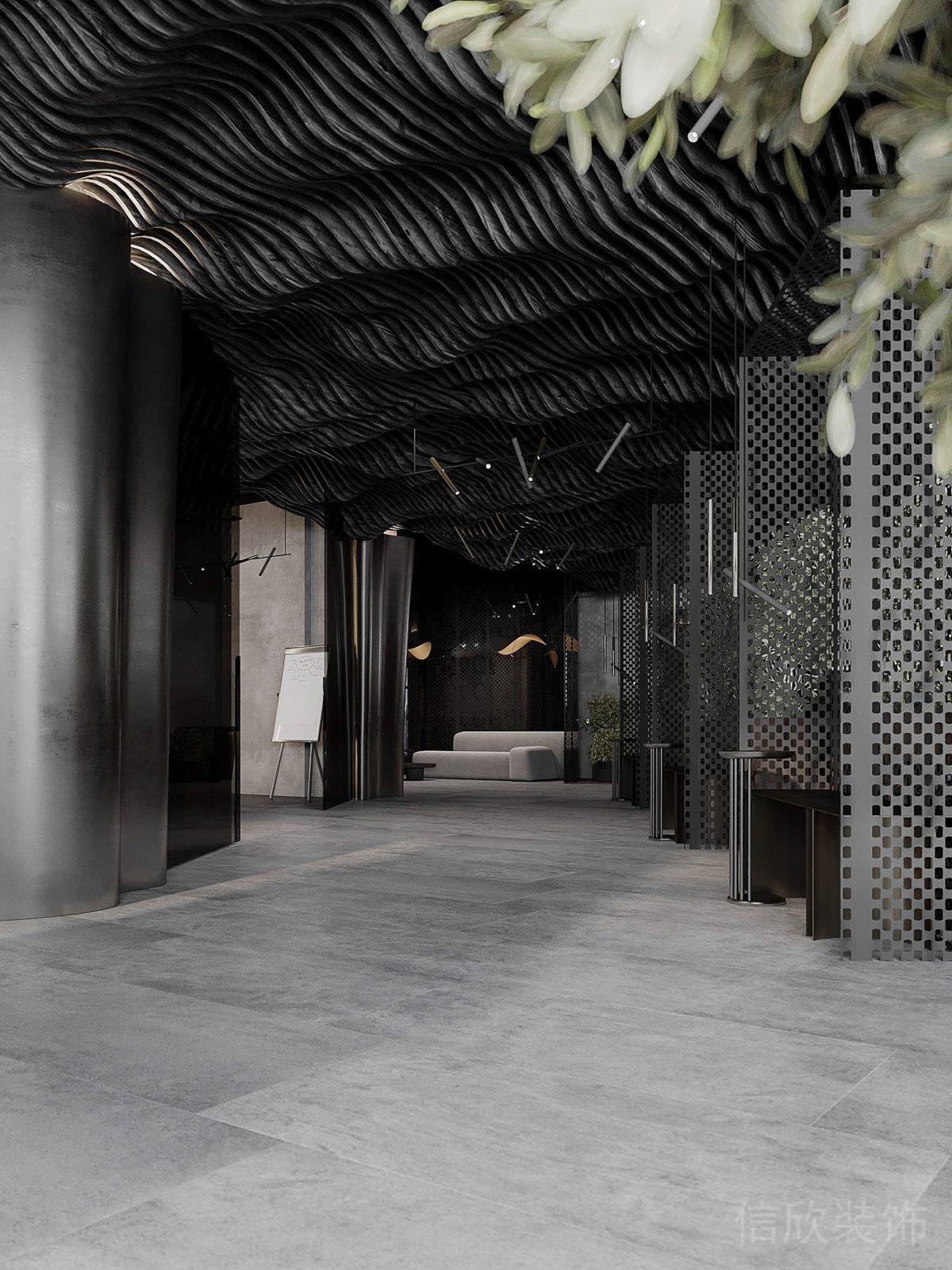 黑灰色調(diào)切割式波浪形天花板裝修辦公室過道裝修設(shè)計(jì)效果圖