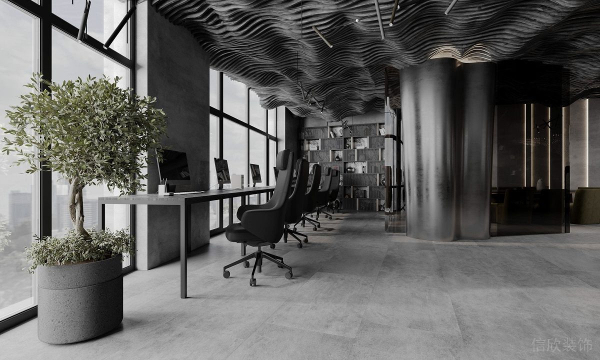 全落地式玻璃裝修鋁合金條形式桌子搭配人體工學(xué)椅大理石圓形綠植盆栽辦公室裝修設(shè)計(jì)