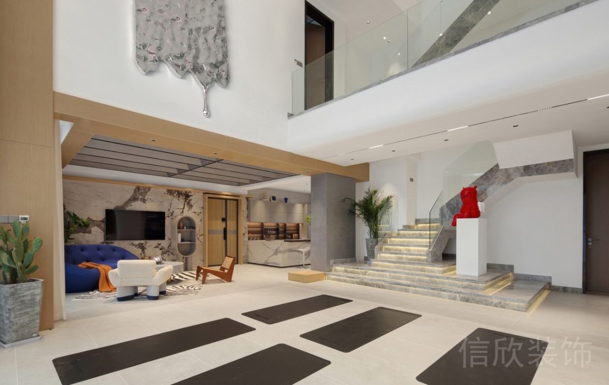 現(xiàn)代工作室普拉提機(jī)構(gòu)瑜伽培訓(xùn)中心設(shè)計(jì)過道古堡灰大理石燈飾效果圖