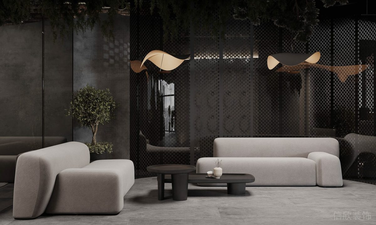 懸吊式花瓣式暖色調(diào)吊燈鏤空式不銹鋼墻板裝修辦公室休息區(qū)設(shè)計(jì)