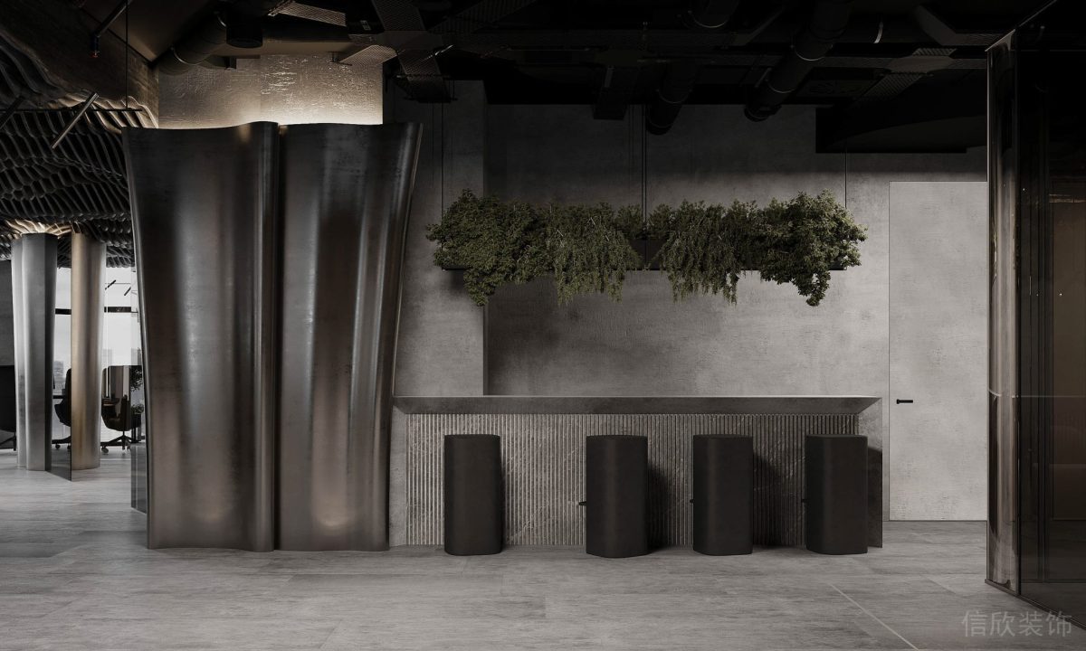 懸吊式綠植置物盒設(shè)計(jì)圓柱形原木風(fēng)座椅鋁合金固定式桌子辦公室休息區(qū)設(shè)計(jì)