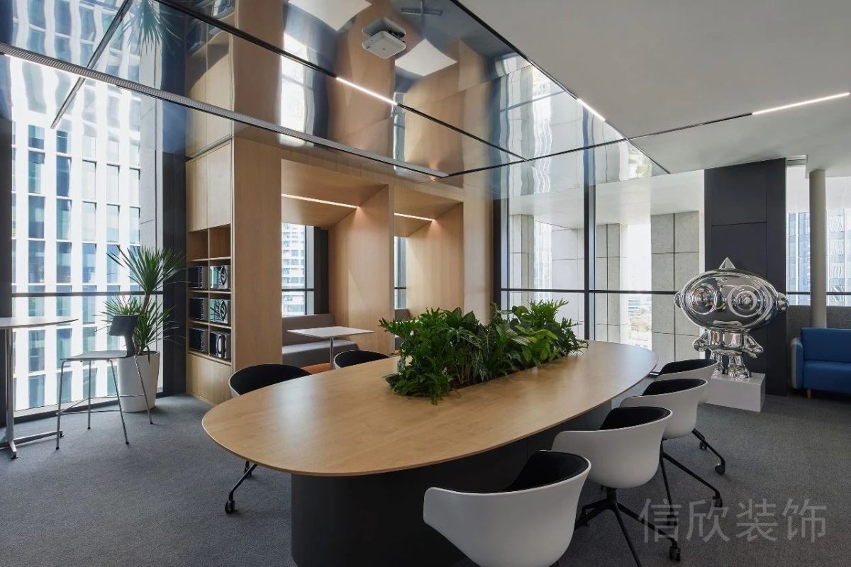 圓角木質(zhì)工作桌裝修設計收納定制墻柜效果辦公室設計