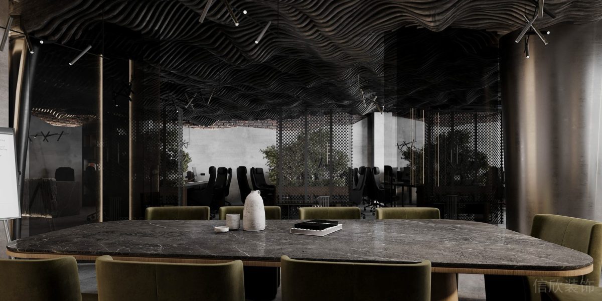 原木桌子搭配大理石桌板設(shè)計(jì)綠色反絨皮椅子裝修辦公室會(huì)議室裝修圖