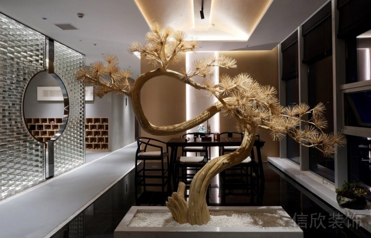 中式風(fēng)微景觀裝修玻璃鏤空墻體隔斷辦公室裝修效果圖