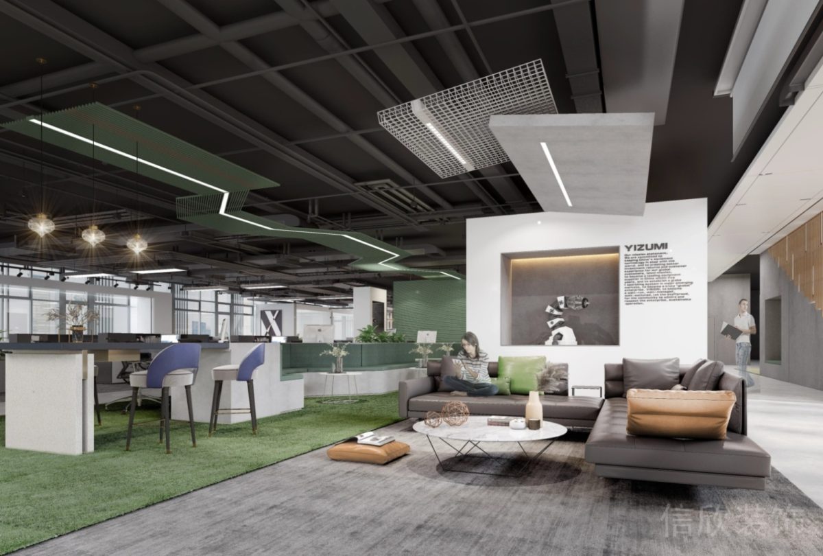 辦公室榻榻米灰色工業(yè)風(fēng)沙發(fā)設(shè)計效果地毯裝修