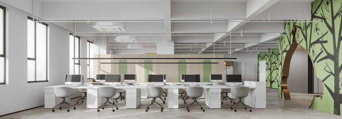 辦公室研發區域裝修鏤空不規則創意形狀墻體設計圖木飾面地板裝修