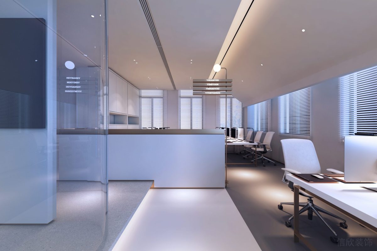 辦公室裝修地臺極簡風(fēng)內(nèi)嵌式燈帶設(shè)計工位效果