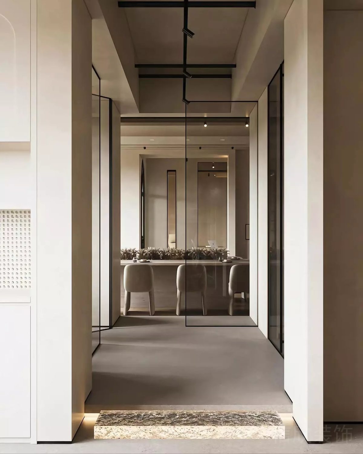 辦公室裝修設(shè)計(jì)地臺(tái)大理石瓷磚燈飾效果玻璃過(guò)道隔斷設(shè)計(jì)