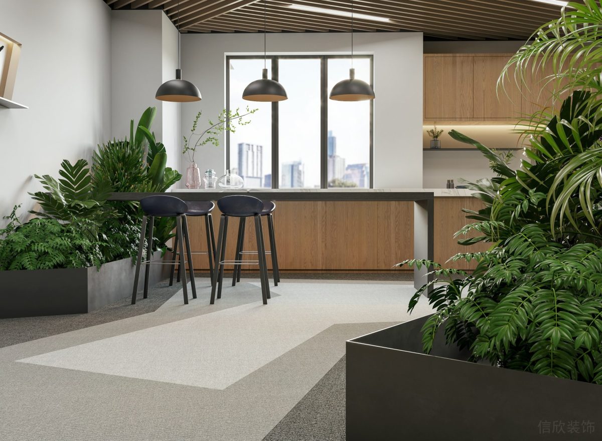 辦公室裝修設(shè)計復(fù)古綠化設(shè)計茶水間裝修水磨石地板過道微景觀設(shè)計圖