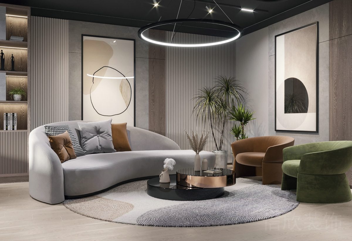 辦公室裝修效果圖圓形天花吊頂燈飾設(shè)計(jì)地毯效果圖楓木效果