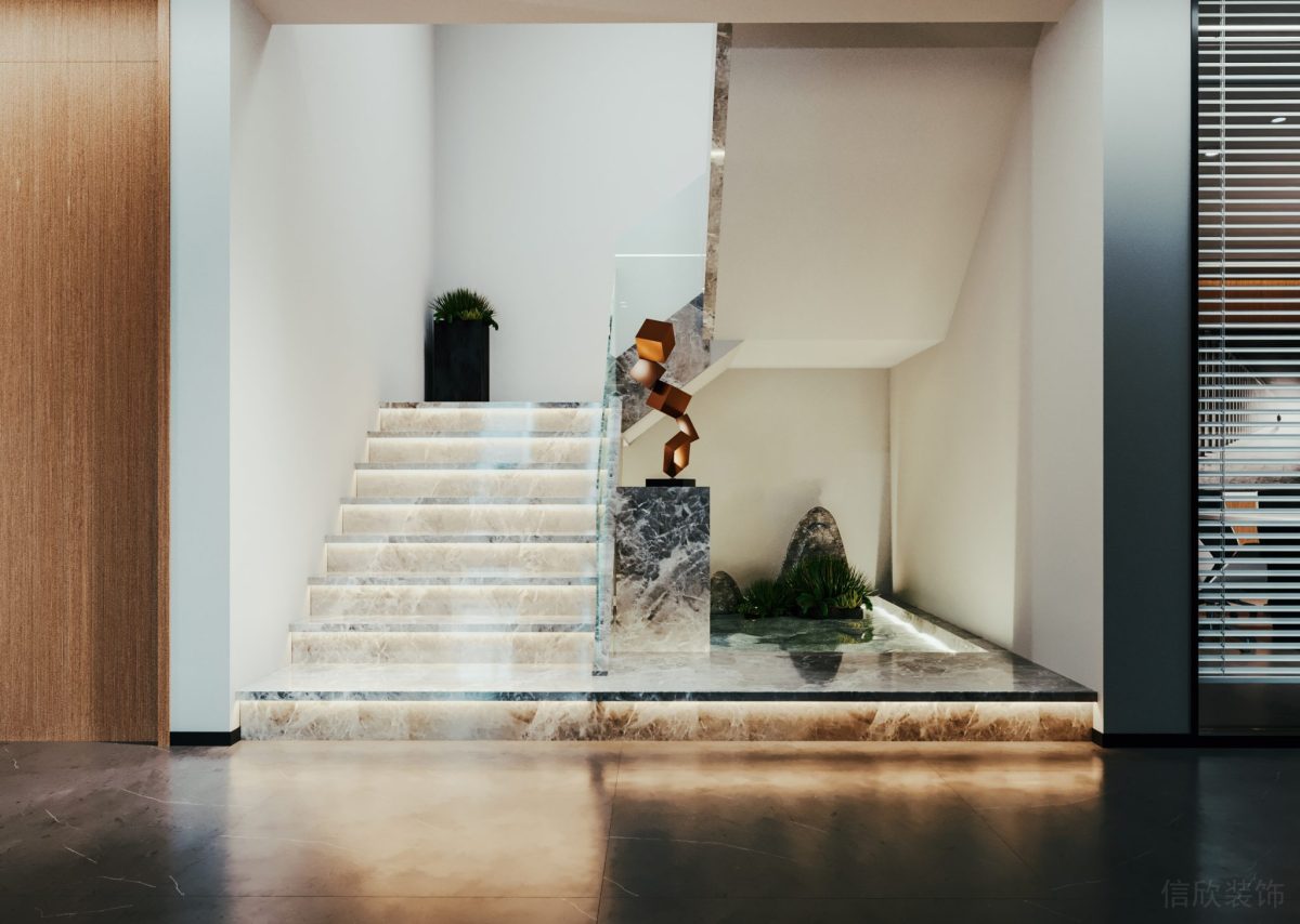 玻璃半墻設(shè)計(jì)大理石輕奢風(fēng)辦公室過道效果樓梯下空間微景觀設(shè)計(jì)圖