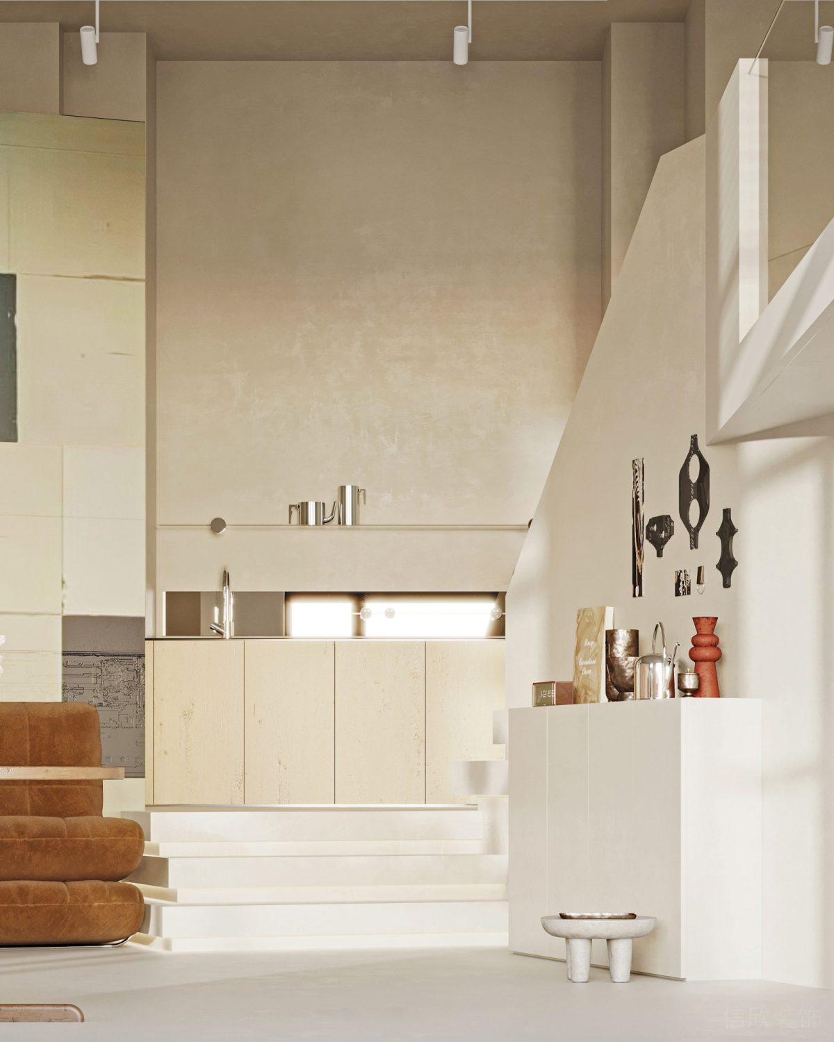 白色階梯過道設(shè)計裝修辦公室設(shè)計暗紋集墻板裝修過道效果