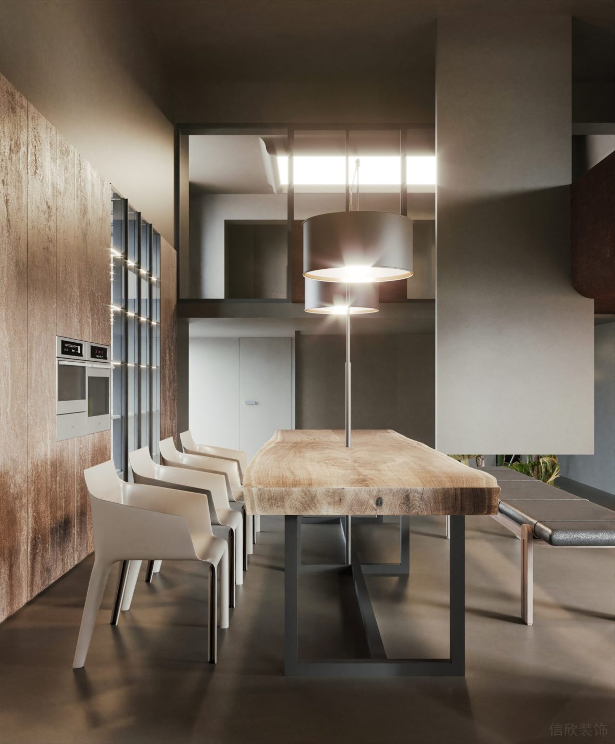 白色簡約座椅設(shè)計辦公室燈飾效果辦公室裝修墻體木飾面裝修