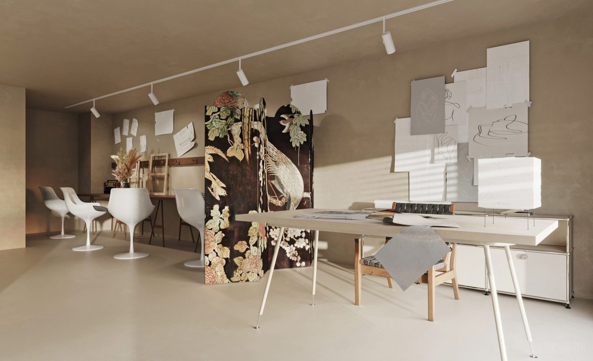 白色射燈設(shè)計工作桌效果屏風(fēng)中式風(fēng)效果幾何工作臺座椅