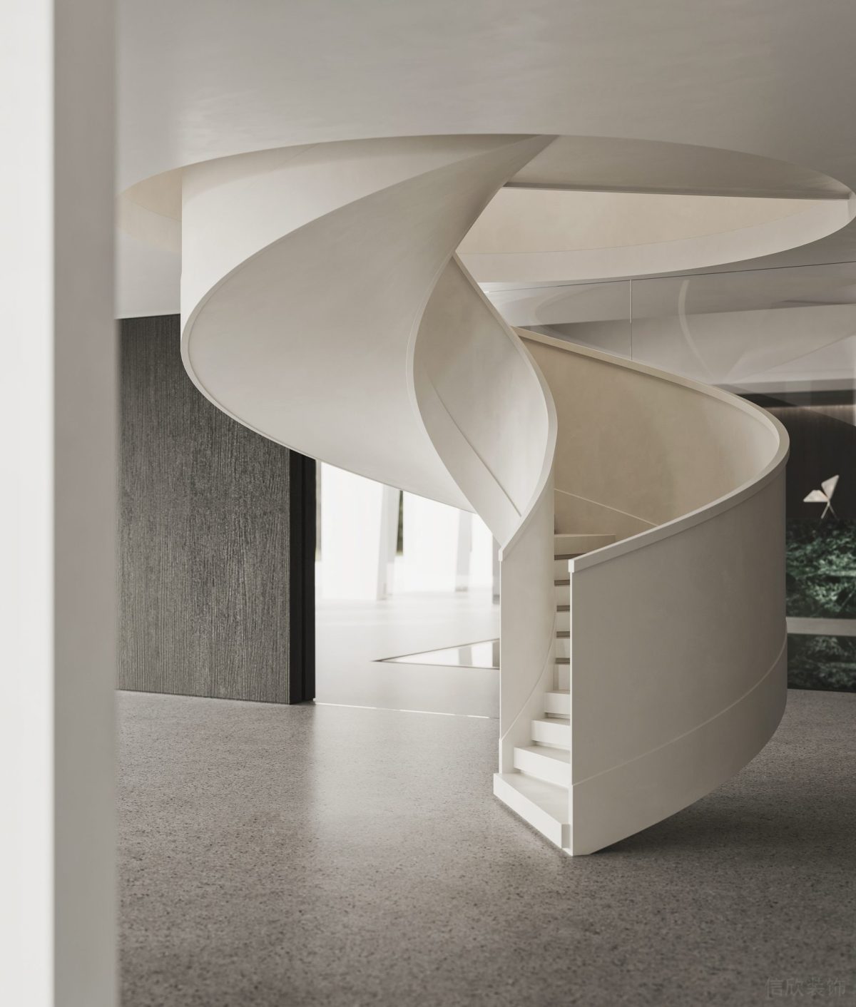 白色旋轉(zhuǎn)樓梯設(shè)計過道效果圖水磨石地板辦公室