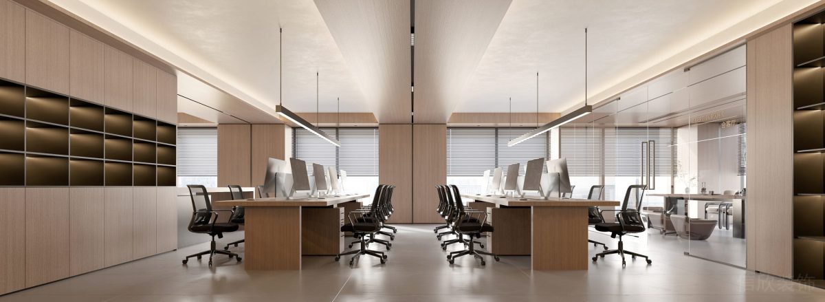 對(duì)稱式工位設(shè)計(jì)原木風(fēng)設(shè)計(jì)效果裝修內(nèi)嵌式收納柜裝修設(shè)計(jì)