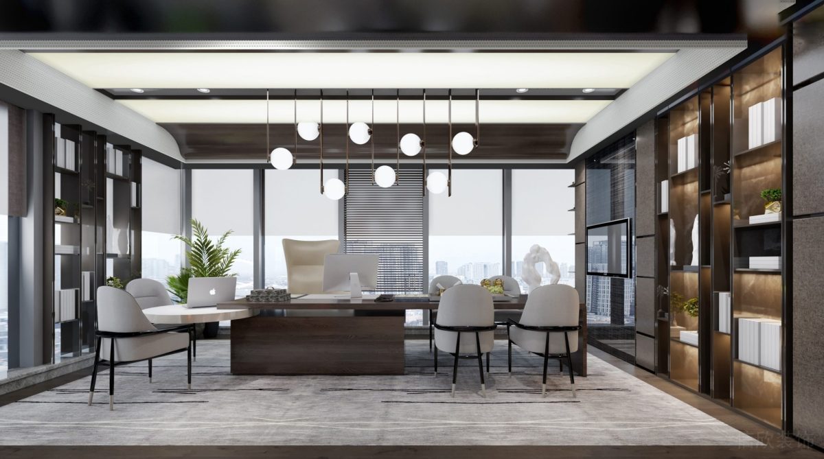 獨(dú)立辦公間裝修天花燈飾效果輕奢風(fēng)墻柜設(shè)計(jì)裝修木飾面