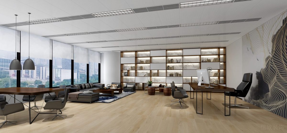 獨(dú)立辦公室裝修新中式設(shè)計(jì)效果木飾面地板裝修多功能收納墻柜效果