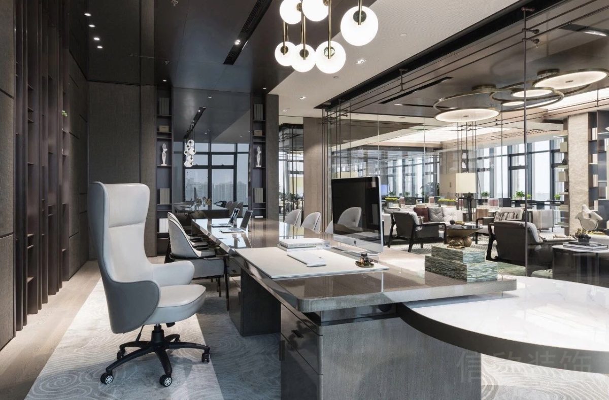 大理石瓷磚設(shè)計地毯效果燈飾設(shè)計圓形吊頂辦公室輕奢風(fēng)裝修