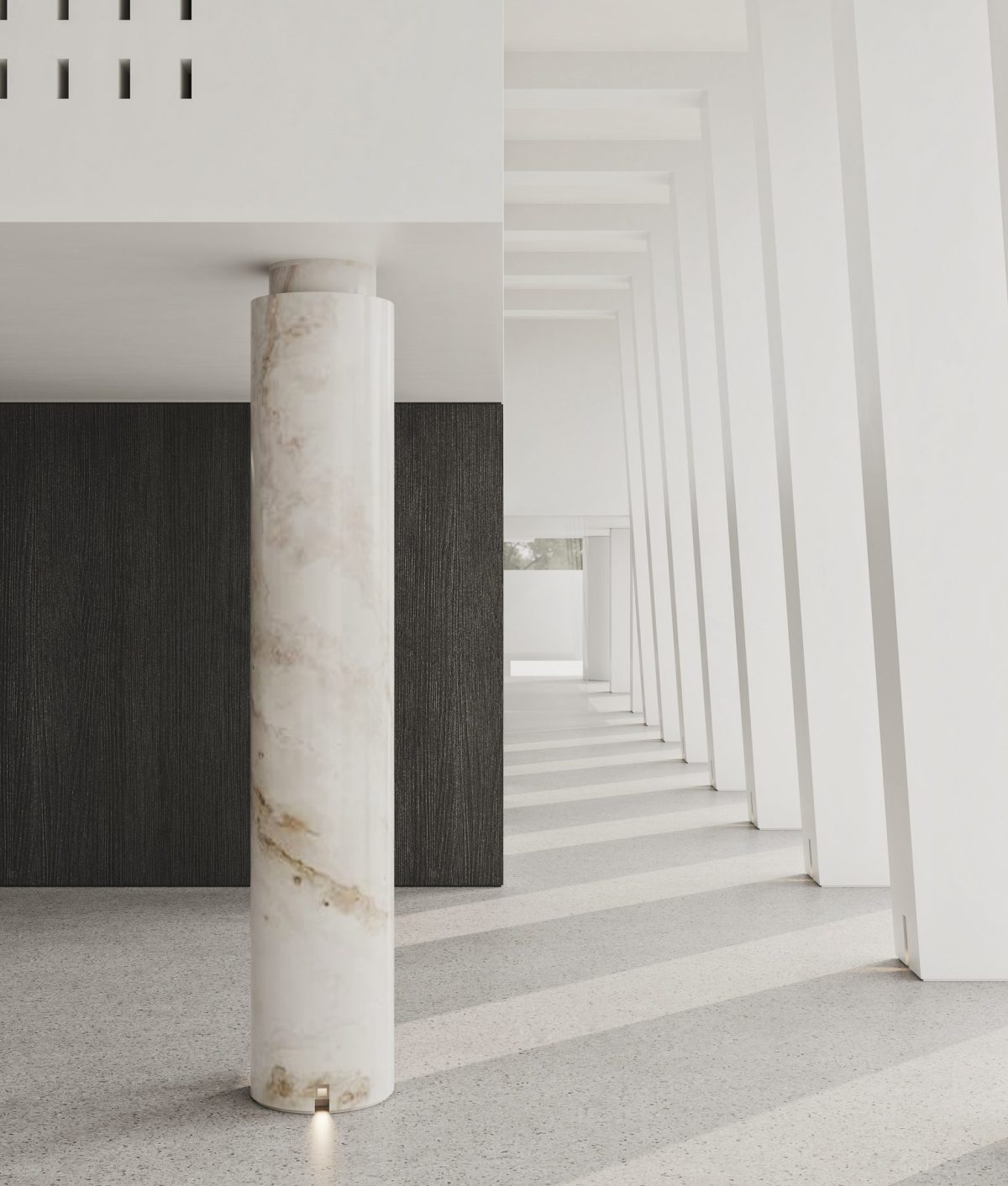大理石石板材設(shè)計環(huán)形墻柱效果過道石墨色地板裝修辦公室白色走廊