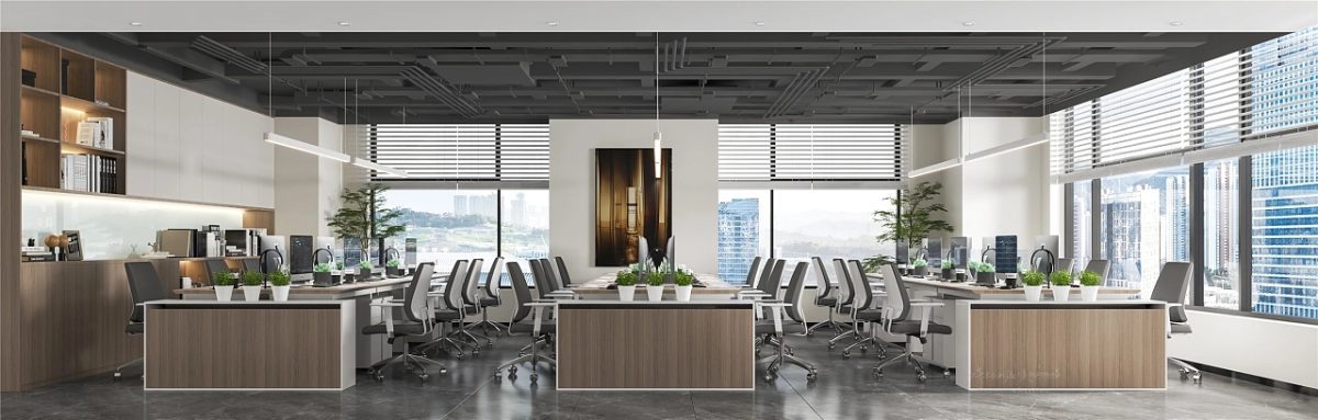 多人工位裝修設(shè)計(jì)木飾面工業(yè)風(fēng)天花裸露管道裝修效果圖辦公室