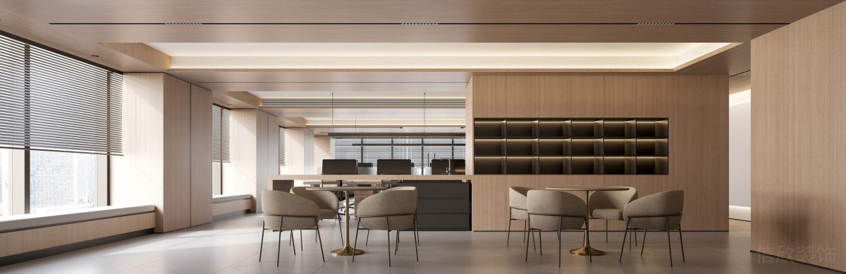 多人工位裝修設(shè)計(jì)洽談室木質(zhì)休息區(qū)內(nèi)嵌式多功能墻柜效果