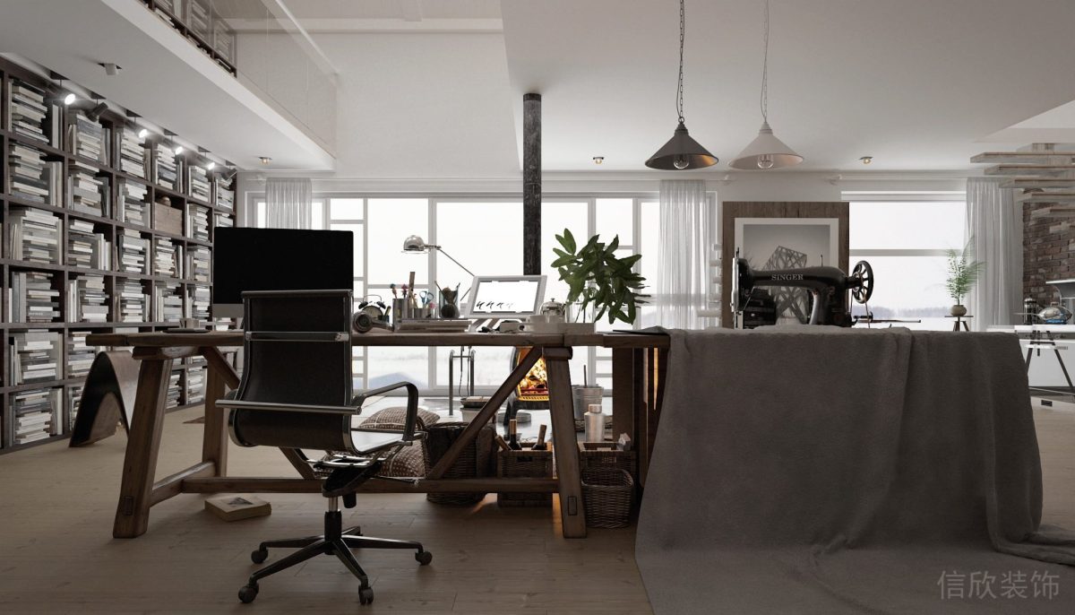 復古工作室裝修設計直線式木質(zhì)縫紉臺高定空間收納柜設計