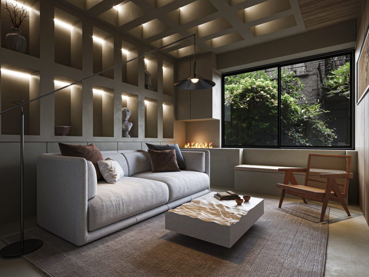 方形鏤空式置物柜鋁合金復(fù)古吊燈設(shè)計(jì)辦公室休息區(qū)效果圖