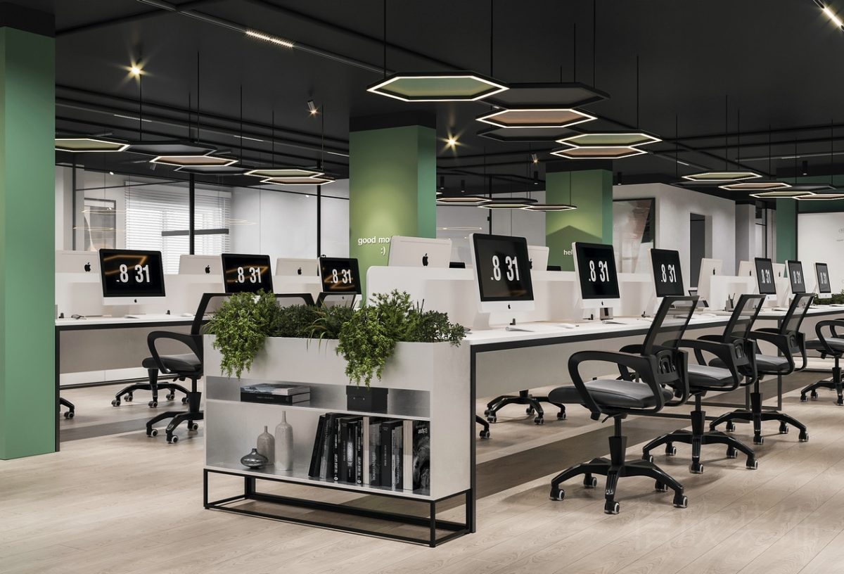 工位員工開(kāi)放區(qū)域辦公室直線(xiàn)式黑白色調(diào)效果圖工業(yè)風(fēng)天花吊頂實(shí)木設(shè)計(jì)圖