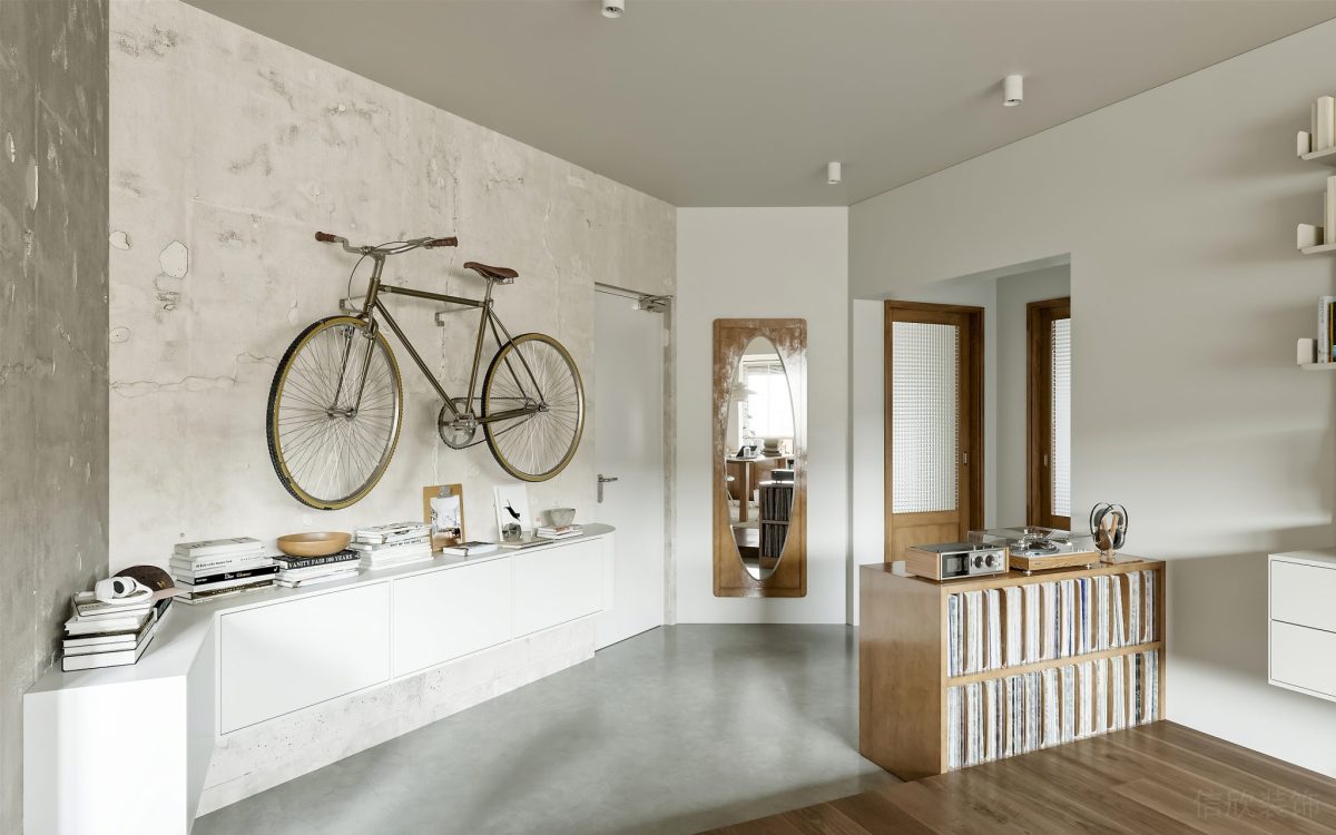 工業(yè)風(fēng)灰色墻體設(shè)計(jì)半墻定制收納柜效果地臺(tái)木質(zhì)書柜客廳