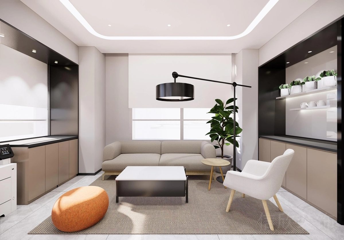 黑白色調(diào)裝修環(huán)形設計半墻茶水間休息區(qū)裝修圖