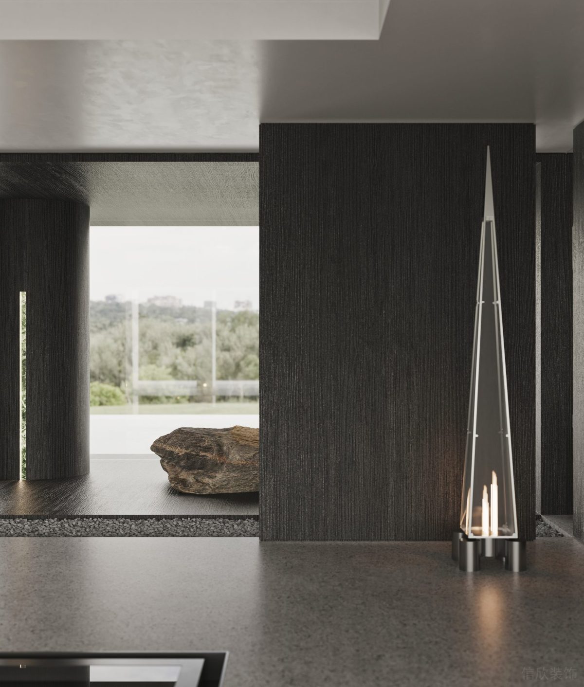 灰色調(diào)高級感現(xiàn)代辦公室設(shè)計墻體效果鵝軟石過道裝修燈飾效果