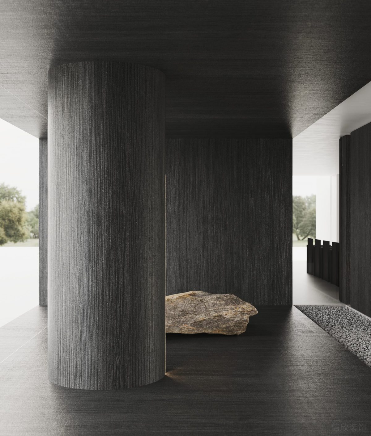 黑色設(shè)計效果裝修墻柱效果木飾面環(huán)形墻柱設(shè)計過道辦公室