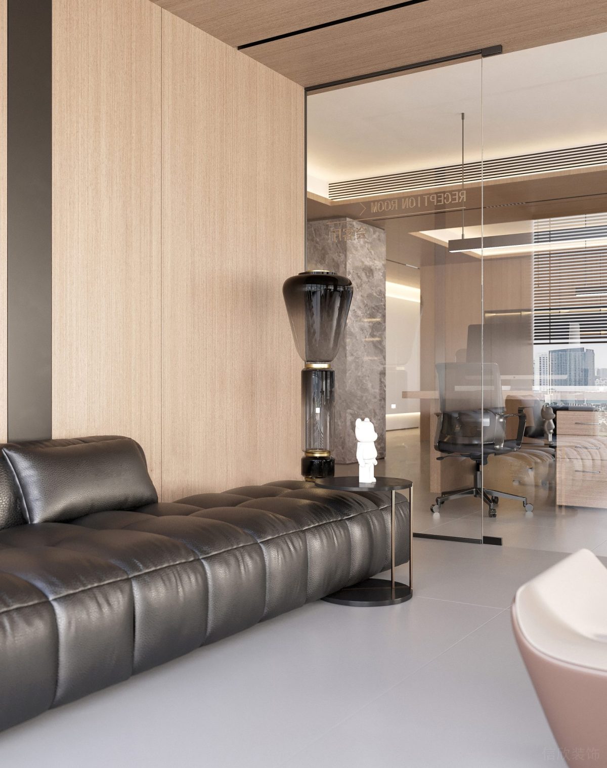 漸變玻璃藝術(shù)燈飾設(shè)計(jì)皮革沙發(fā)效果玻璃隔斷過(guò)道裝修洽談室