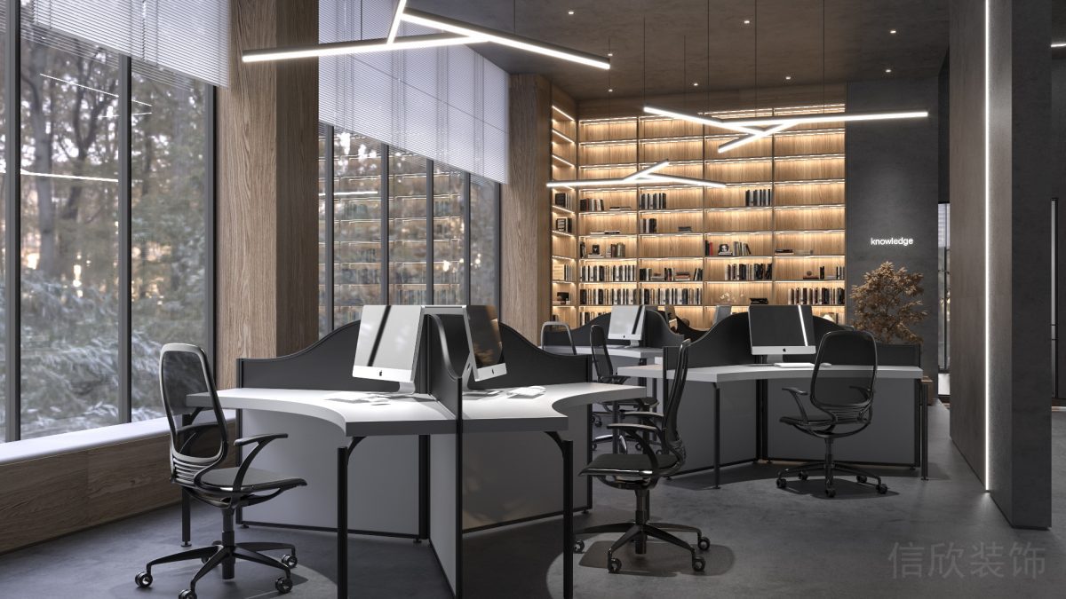 幾何造型工作室設(shè)計(jì)辦公室弧線線條裝修收納木制墻柜效果