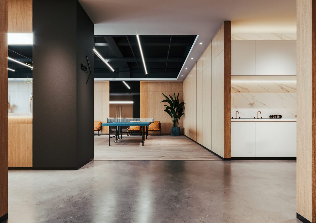 開放式員工休息區(qū)黑色墻體裝修半墻瓷磚設(shè)計(jì)工業(yè)風(fēng)辦公室設(shè)計(jì)