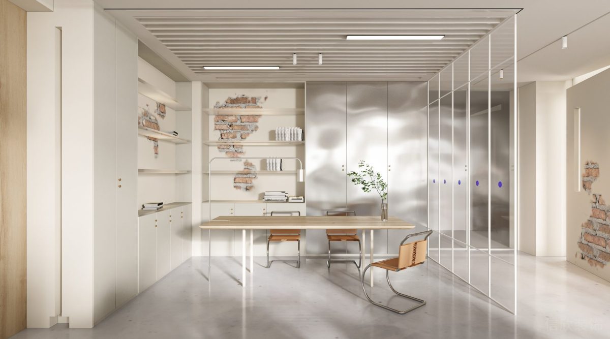 鋁合金置物柜設(shè)計(jì)原木極簡(jiǎn)風(fēng)桌椅裝修辦公室員工休息區(qū)效果圖