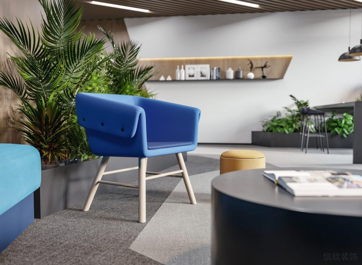 藍色設(shè)計座椅效果裝修綠化地毯辦公室茶幾效果內(nèi)嵌式木質(zhì)墻體辦公室
