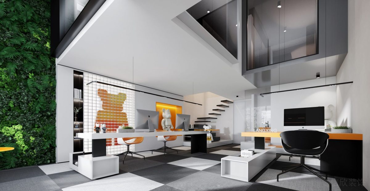 綠植墻面裝修黑白灰方塊瓷磚設(shè)計(jì)辦公室效果圖