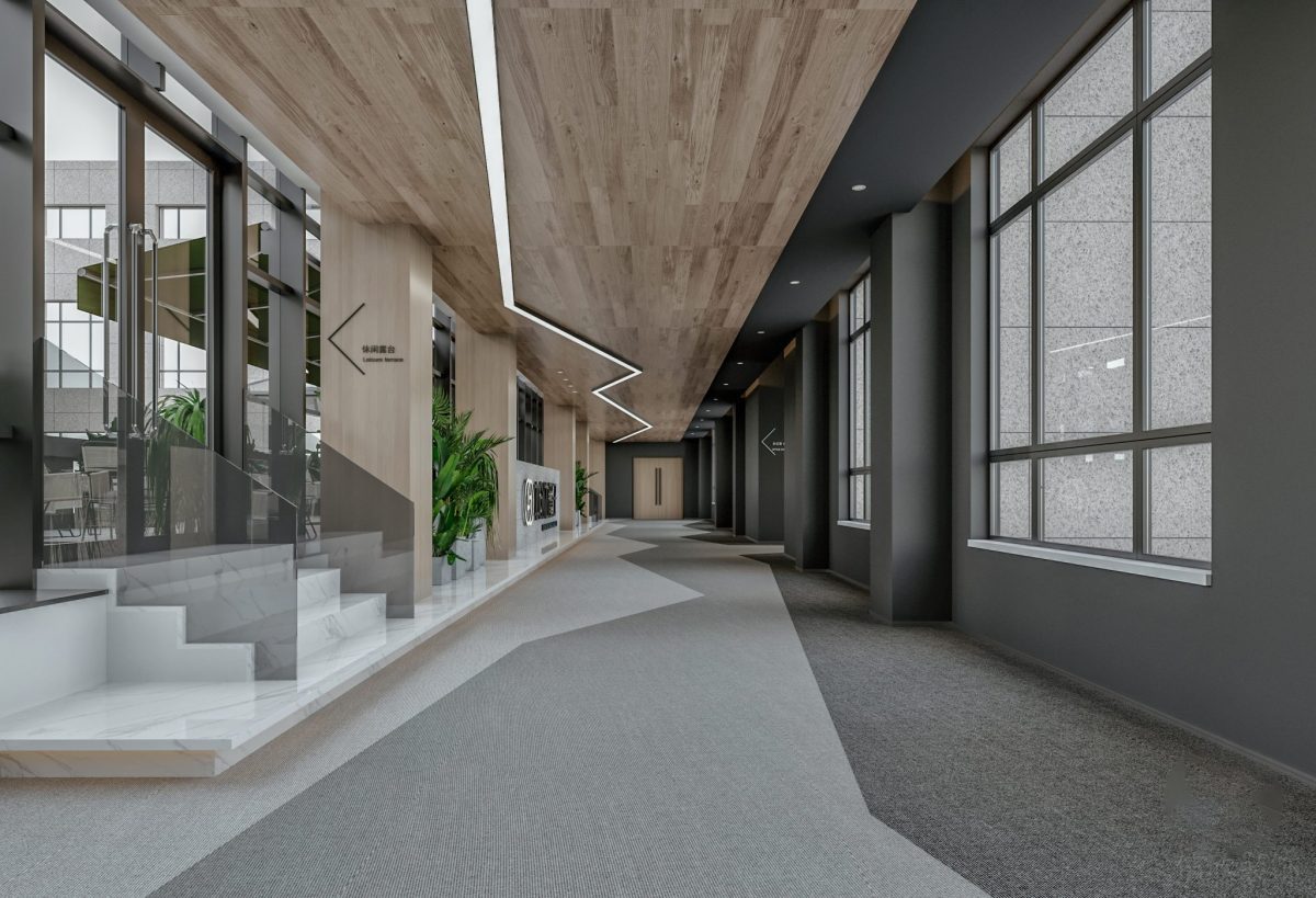 木飾面楓木天花設(shè)計灰色墻體涂料效果裝修過道辦公室走廊瓷磚設(shè)計