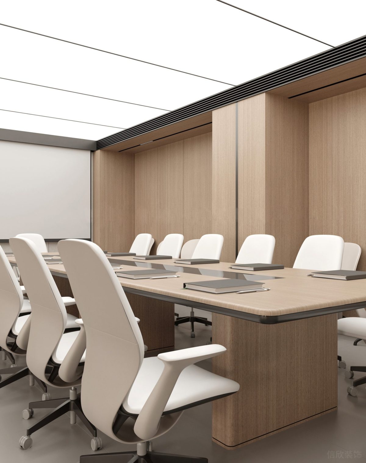 木飾面直線長桌設(shè)計(jì)天花可調(diào)節(jié)燈飾效果辦公室裝修圖