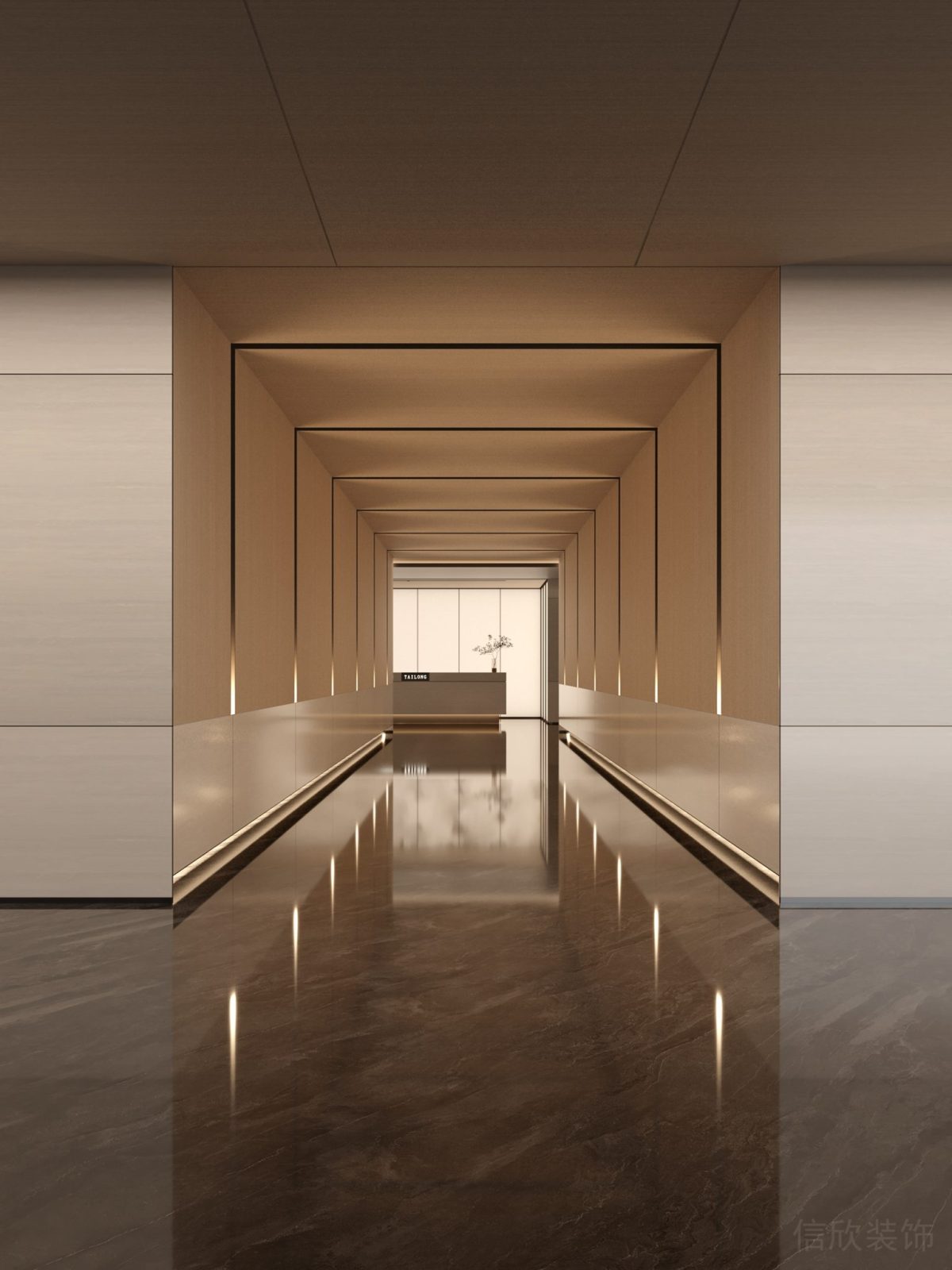 輕奢風(fēng)過道效果辦公室裝修玫瑰金設(shè)計走廊辦公室