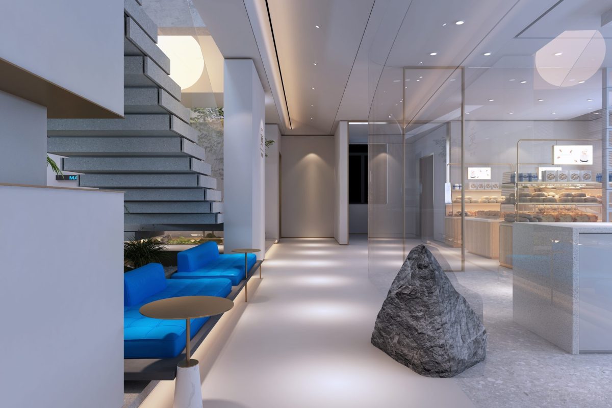 奇石設(shè)計玻璃隔斷走廊辦公室裝修座椅休息區(qū)