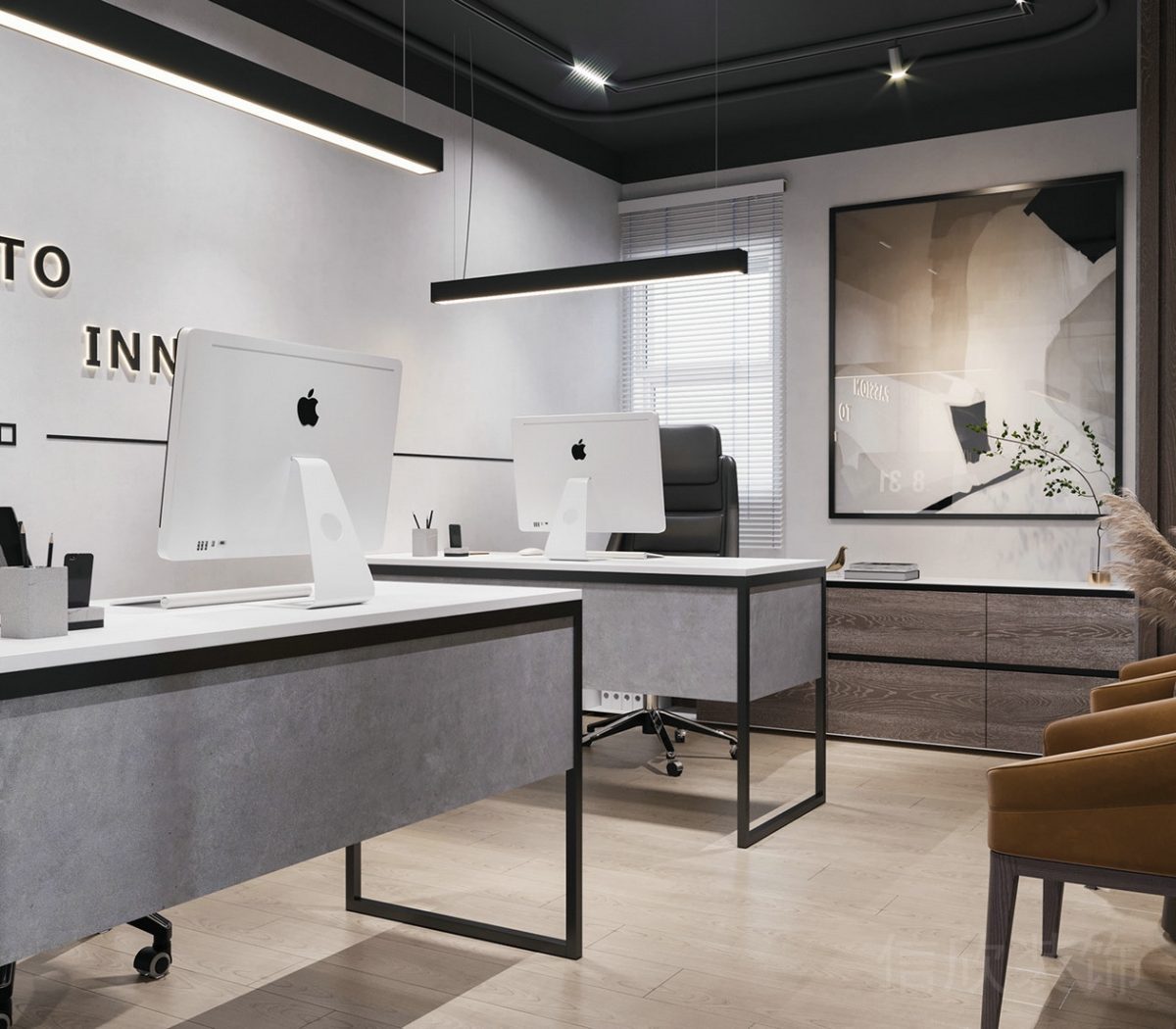 實(shí)木設(shè)計(jì)半墻效果員工工位裝修環(huán)形天花黑色效果圖辦公室