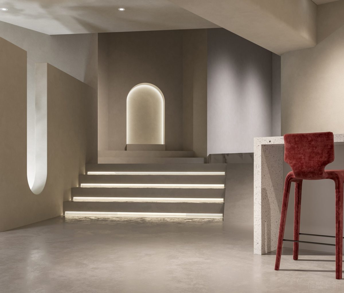 水磨石絨面燈芯絨紅色高腳椅樓梯過道辦公室裝修拱形led燈飾設(shè)計(jì)圖