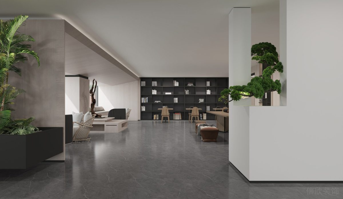 微景觀設(shè)計鏤空墻體隔斷設(shè)計pvc過道黑色墻體書柜工作室簡約設(shè)計