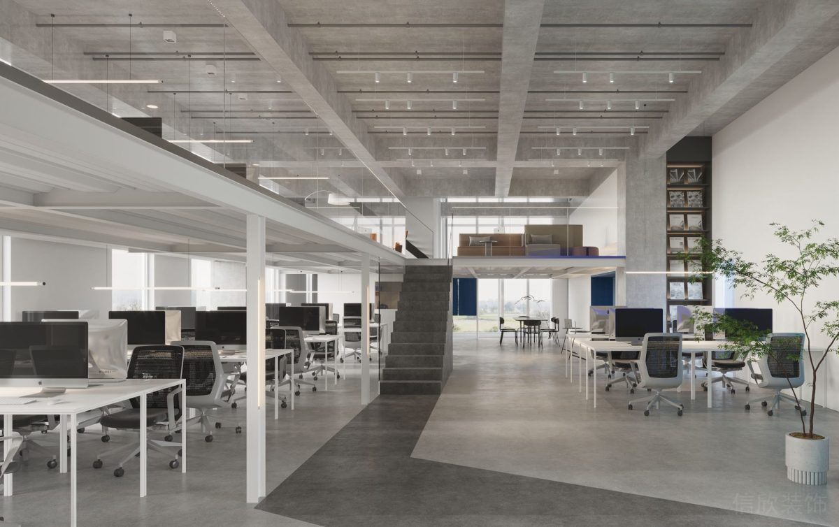 現(xiàn)代簡約風(fēng)白色效果階梯多人研發(fā)工位裝修設(shè)計射燈效果圖