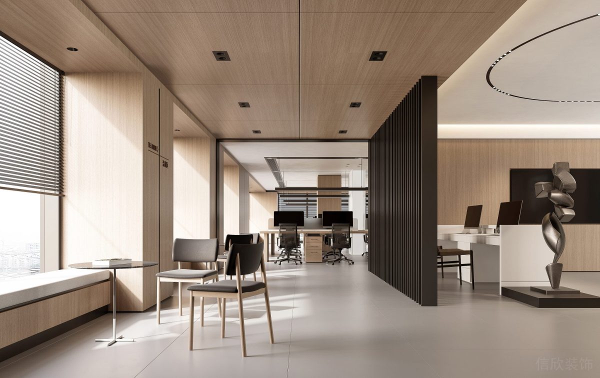 現(xiàn)代商務(wù)風(fēng)辦公室裝修設(shè)計(jì)過(guò)道洽談區(qū)簡(jiǎn)約風(fēng)飄窗設(shè)計(jì)木質(zhì)效果