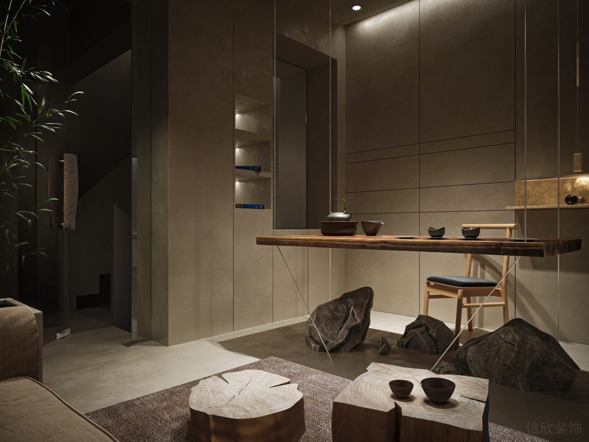 懸吊式原木桌椅設(shè)計(jì)復(fù)古置物柜裝修辦公室裝修設(shè)計(jì)圖